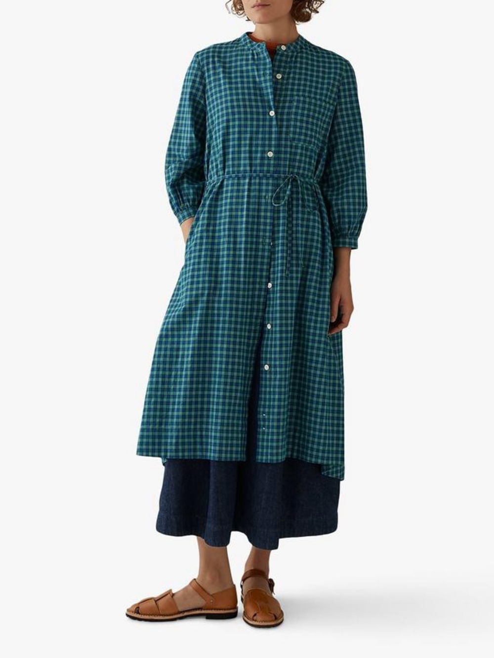 TOAST Kala Check Shirt Dress Blue/Green Midi Shirt Waist Tie Plaid Printed